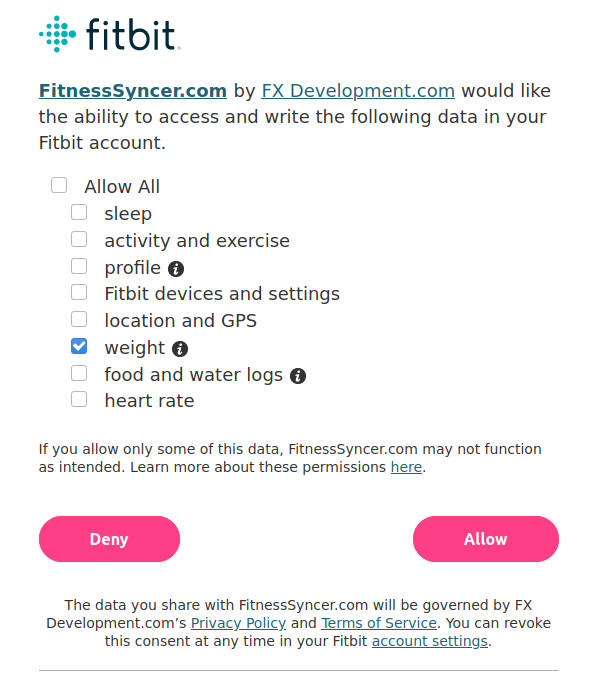Authorize FitnessSyncer to send data to Fitbit
