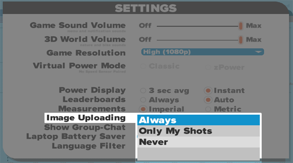 Zwift settings for uploading images