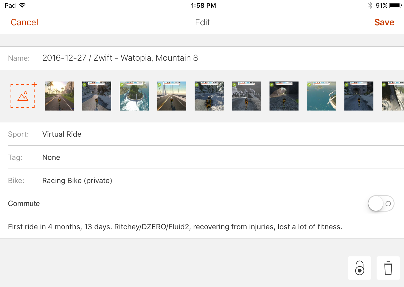 Editing a Strava activity on an iPad