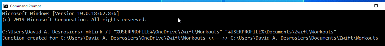 Creating junctions inside OneDrive for Zwift data