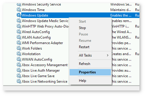 Setting properties for Windows Update in Services applet