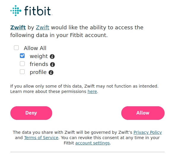 Authorize Zwift to pull weight data from Fitbit