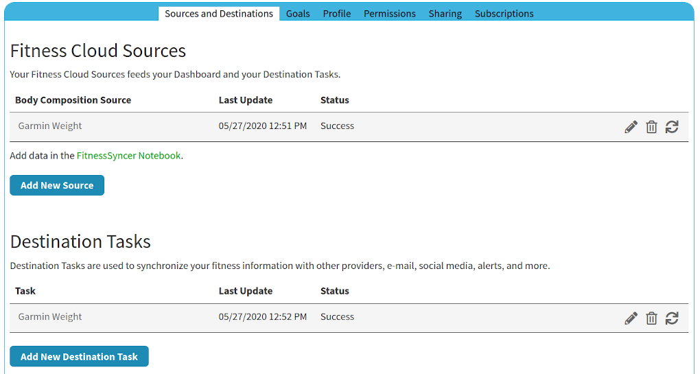 FitnessSyncer dashboard after setting up sync pairs