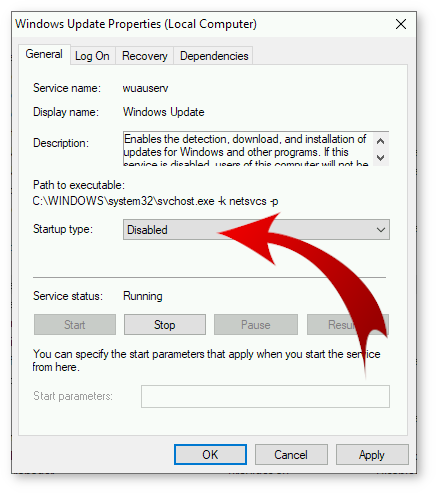 Disable Windows Update in Services applet