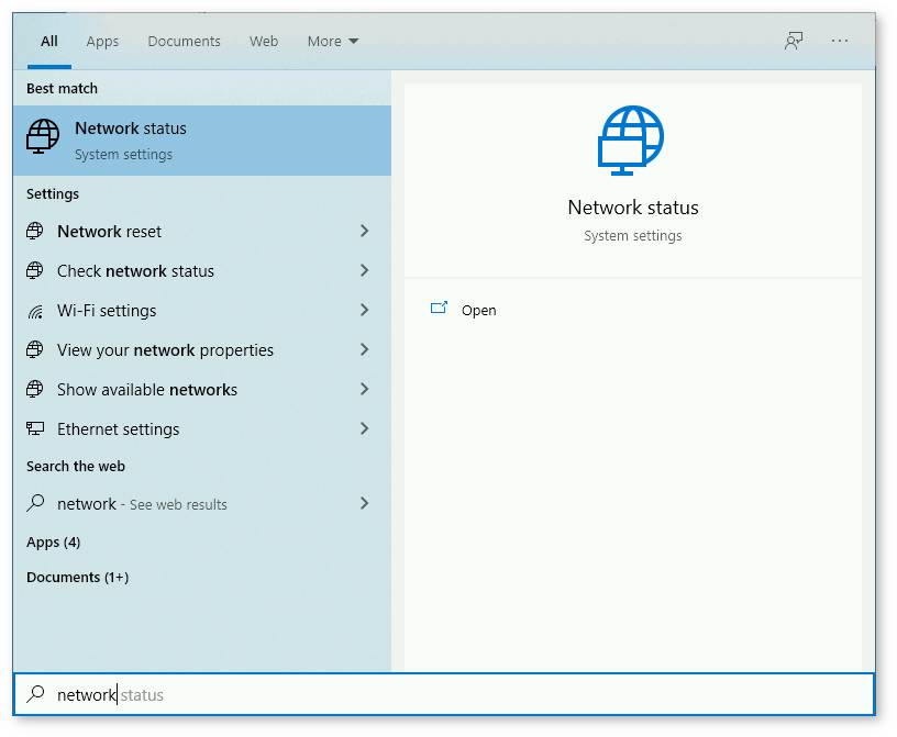 Network status settings in Windows 10