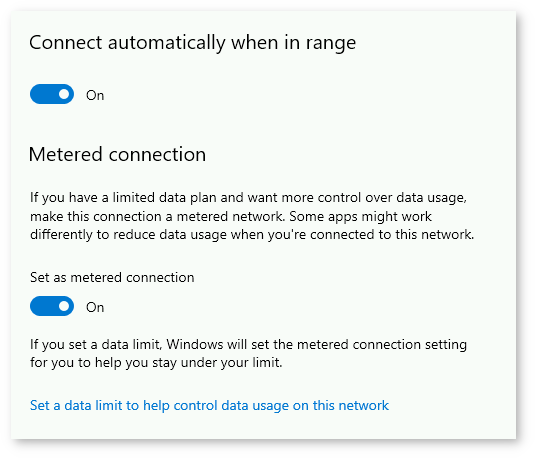 Setting WiFi connection to metered in Windows 10 