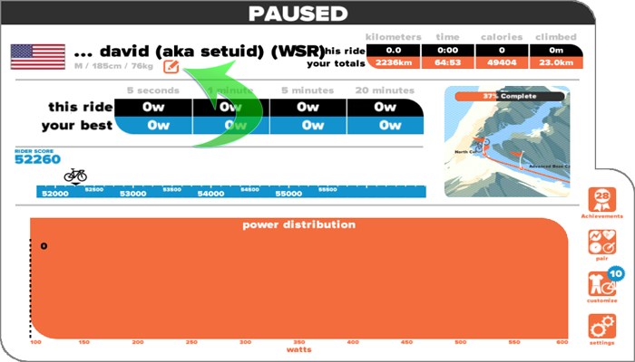 Zwift Pause screen, edit settings